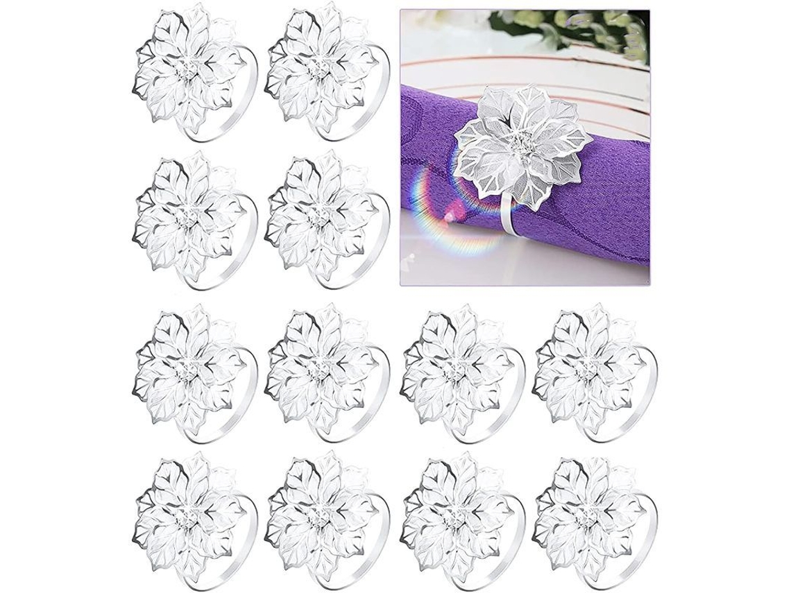 Anéis para toalha de mesa floral com strass, 12 peças prata, decoração de casamento, Natal, jantares | S/MARCA