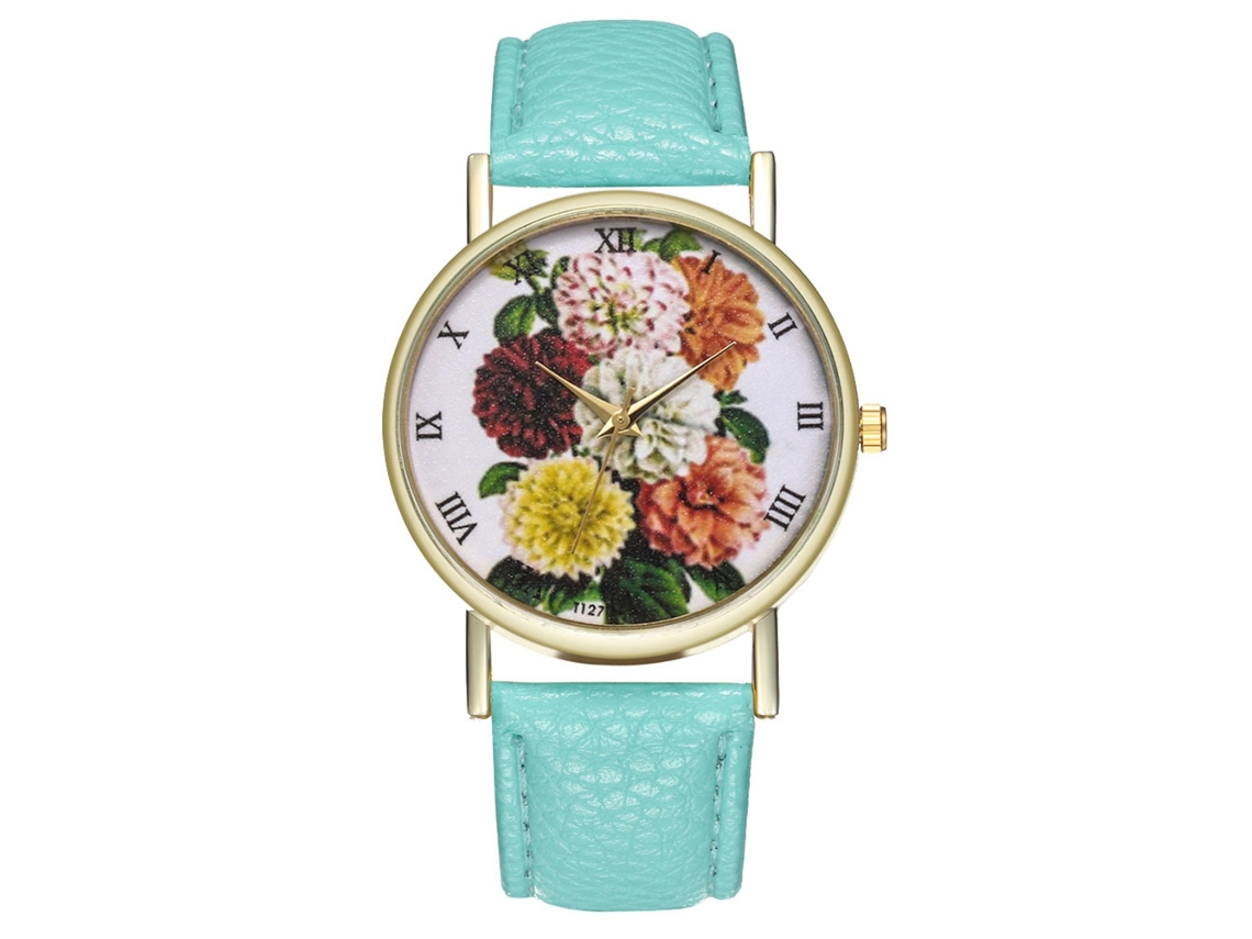 Relógio de Pulso Feminino Analógico de Quartzo com Pulseira Pu Flowers Pattern (mint)