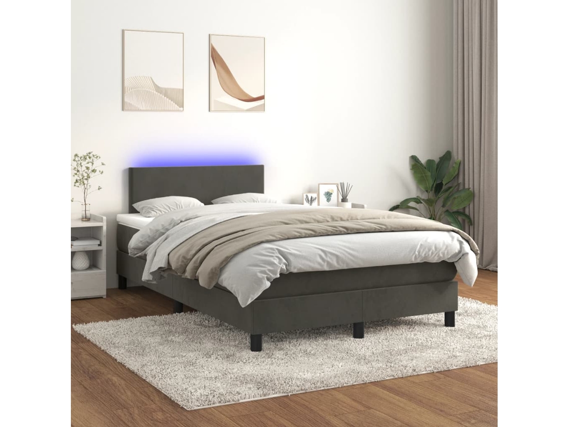 Cama Box Spring C/ Colchão/led 120x200cm Veludo Cinzento-escuro