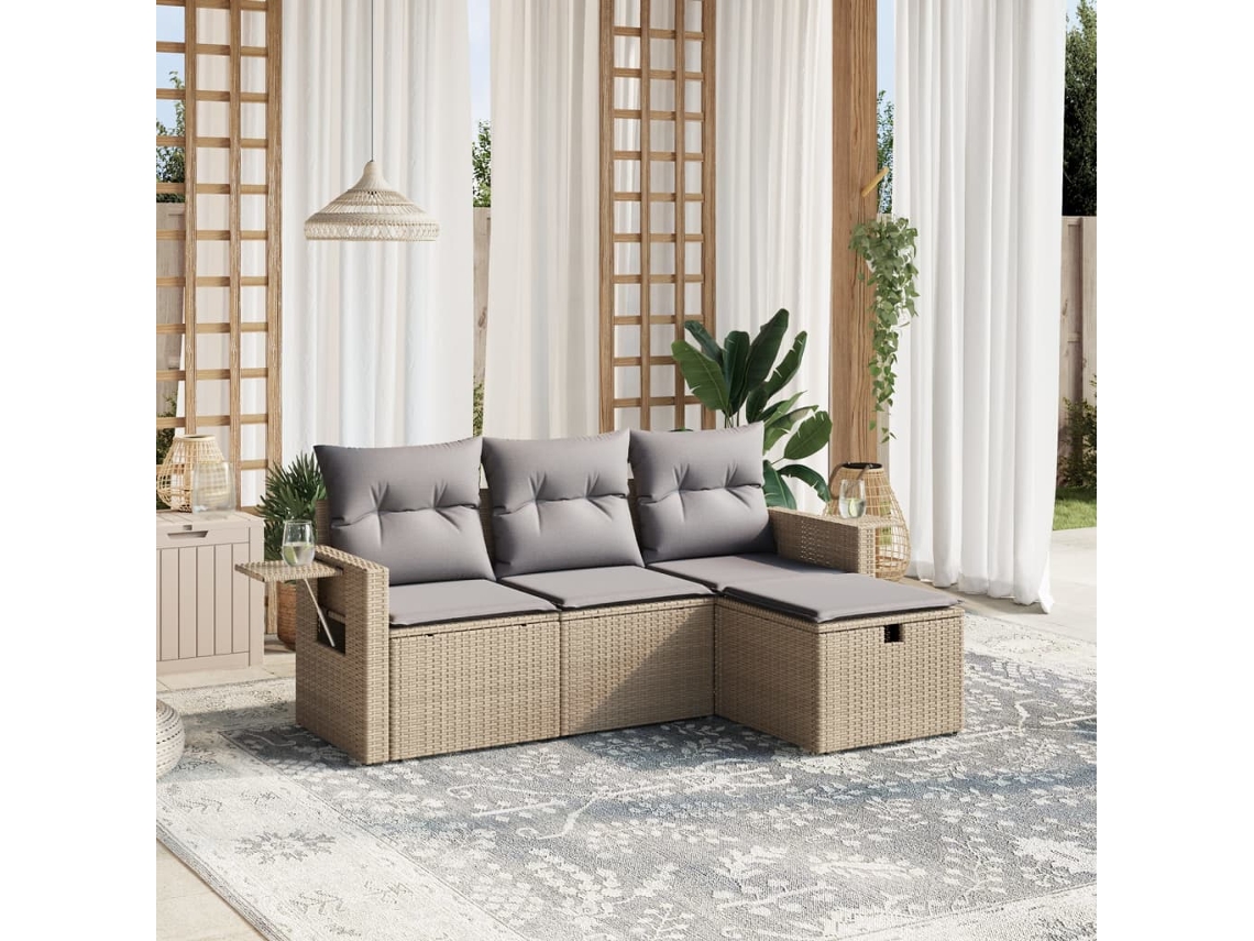Vidaxl 4 Pcs Conj. Sofás Jardim C/ Almofadões Vime Pe Bege Misturado