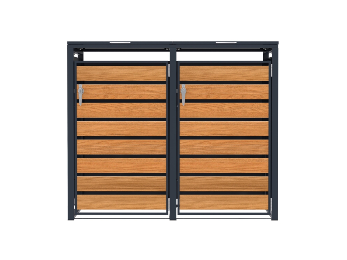 Armário Metálico Duplo Para 2 Caixotes Do Lixo 240 L Antracite E Efeito Madeira Natural Com Fechadura E Tampa Assistida