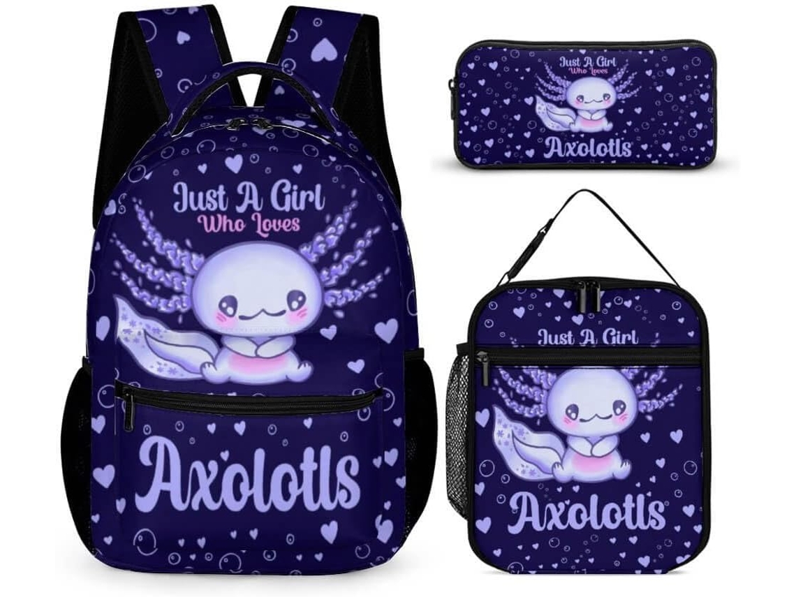 Mochila Axolotl 3 Com Lancheira, Estojo, Casual Para Laptop, Escolar Crianças, Meninos, Meninas,