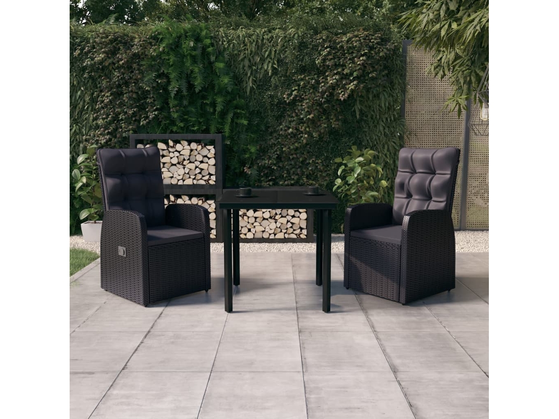 Vidaxl 3 Pcs Conjunto De Jantar Para Jardim Com Almofadões Preto