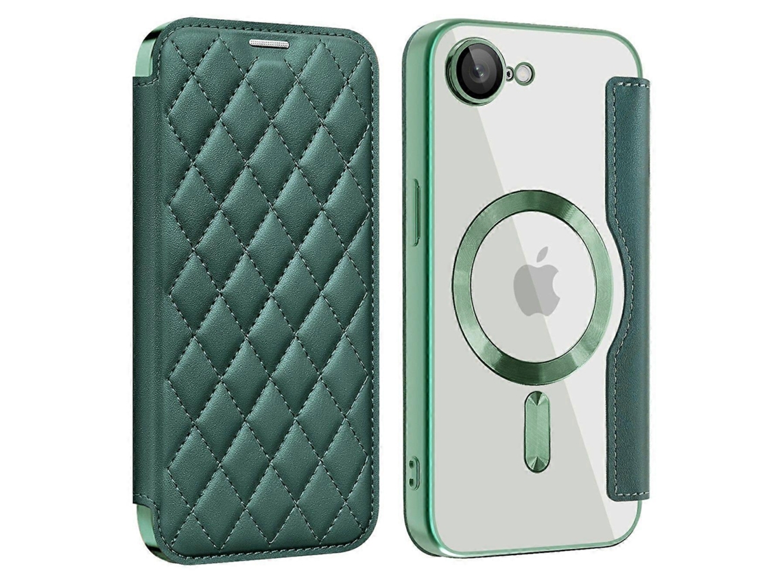 Capa Para Iphone 16e Compatível Com Capa De Couro Sintético Magsafe Rhombus - Verde-escuro