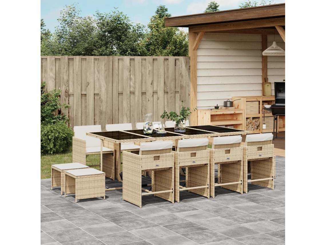 Vidaxl 13 Pcs Conjunto De Jantar P/ Jardim Com Almofadões Vime Pe Bege
