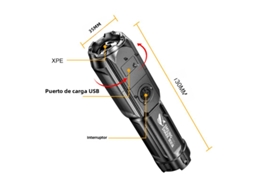 Lanterna Tática Led À Prova D'água, Recarregável Via Usb Com Bateria 18650 E Função De Zoom.