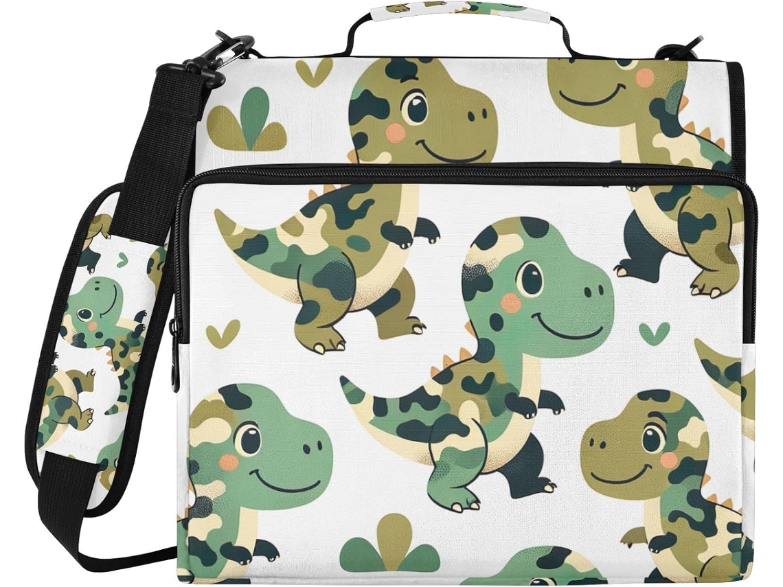 Organizador de bolsa com estampa de dinossauro camuflado verde, pasta com 3 argolas, capa para laptop em poliéster.