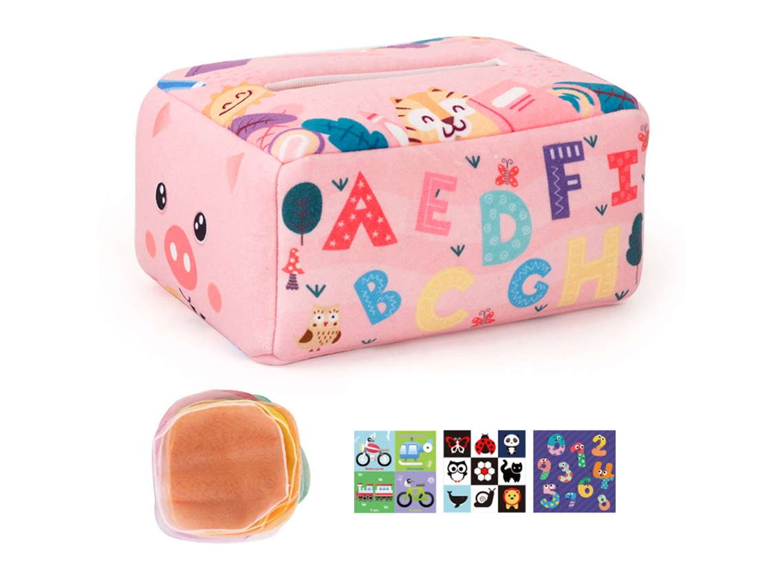 Walshlxq brinquedo Caixa de Lenços para Bebês Porco Rosa Brinquedo Sensorial Colorido Brinquedo de Aprendizagem para Bebês e Crianças Pequenas