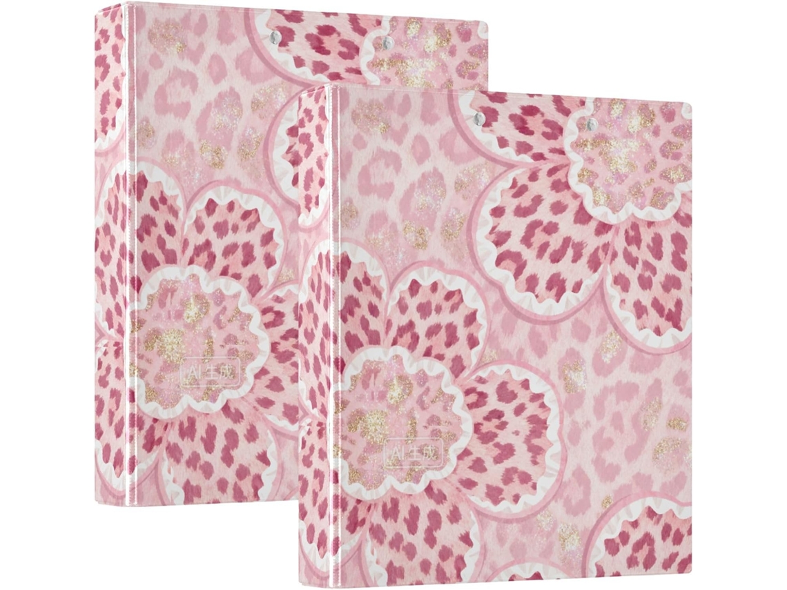 Pasta Escolar De 3, 8cm 1 2 Polegada Com Estampa De Leopardo E Flor Cerejeira Rosa, 3 Argolas E Prancheta, Pacote Com 1 2