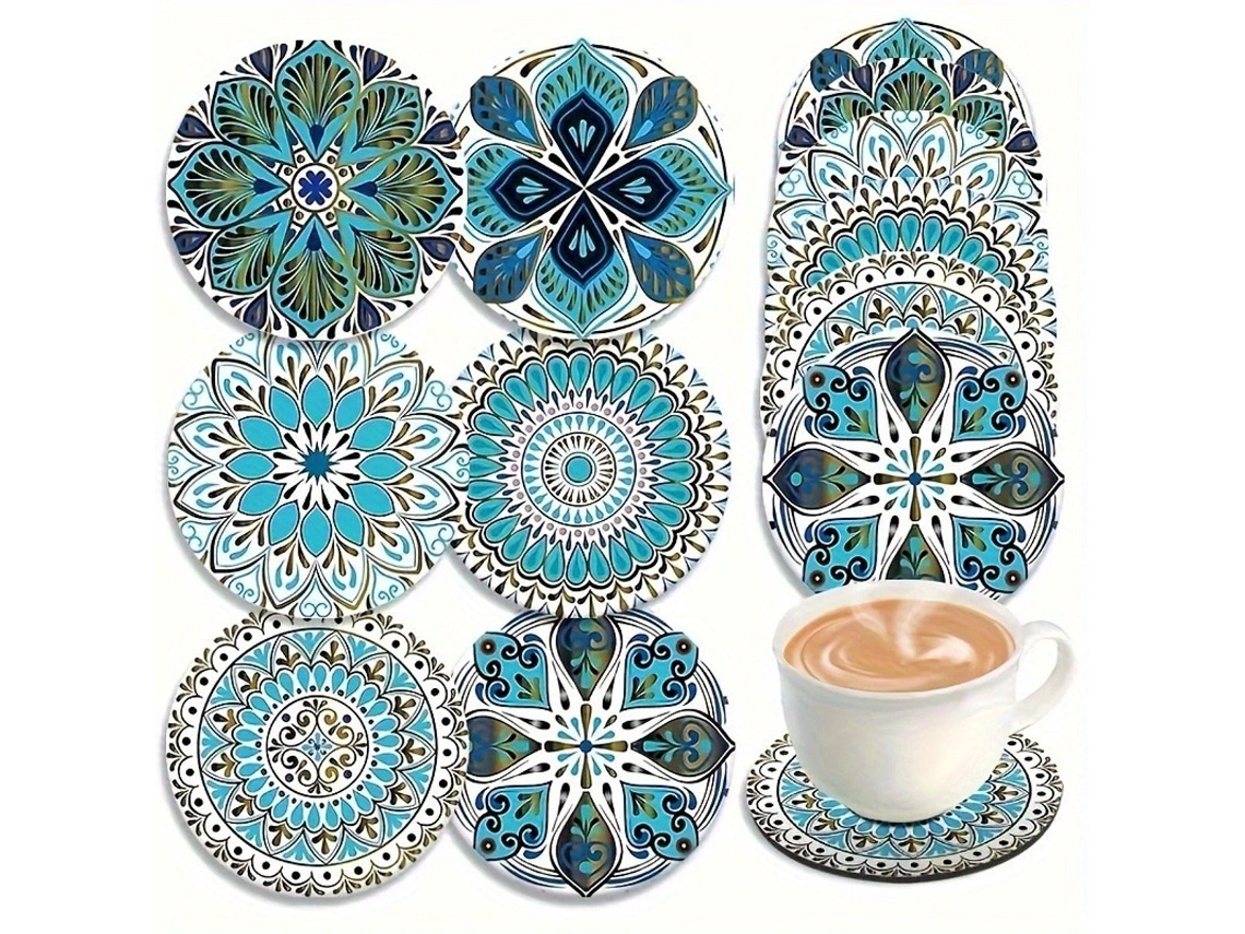 Conjunto de 6 porta copos de madeira com estampa floral e geométrica AQUAFORGE