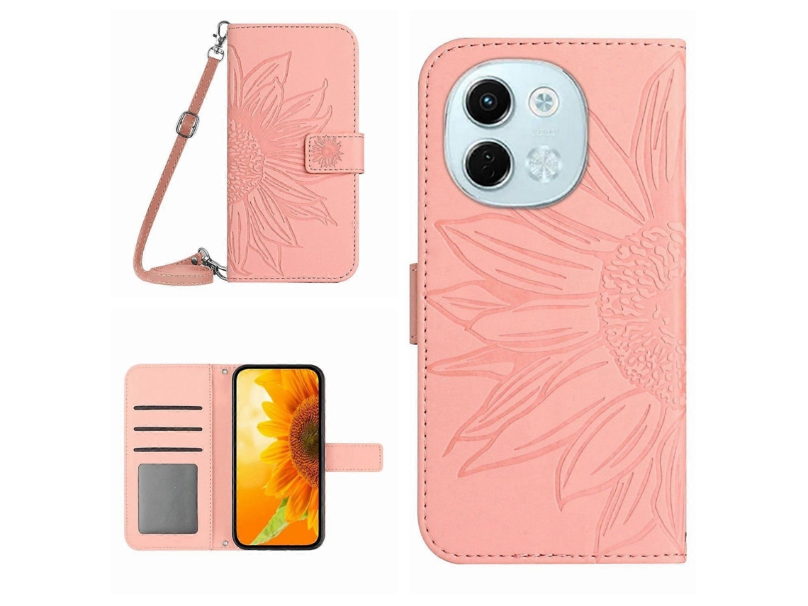 Capa De Celular De Couro Com Estampa De Girassol E Cordão Skin Feel