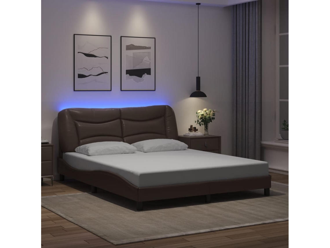 Estrutura Cama C/ Luzes Led 160x200cm Couro Artificial Castanho