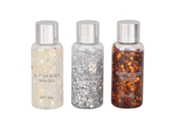 Conjunto de 3 géis corporais com glitter para maquiagem e festas, com lantejoulas densas e material seguro para a pele.