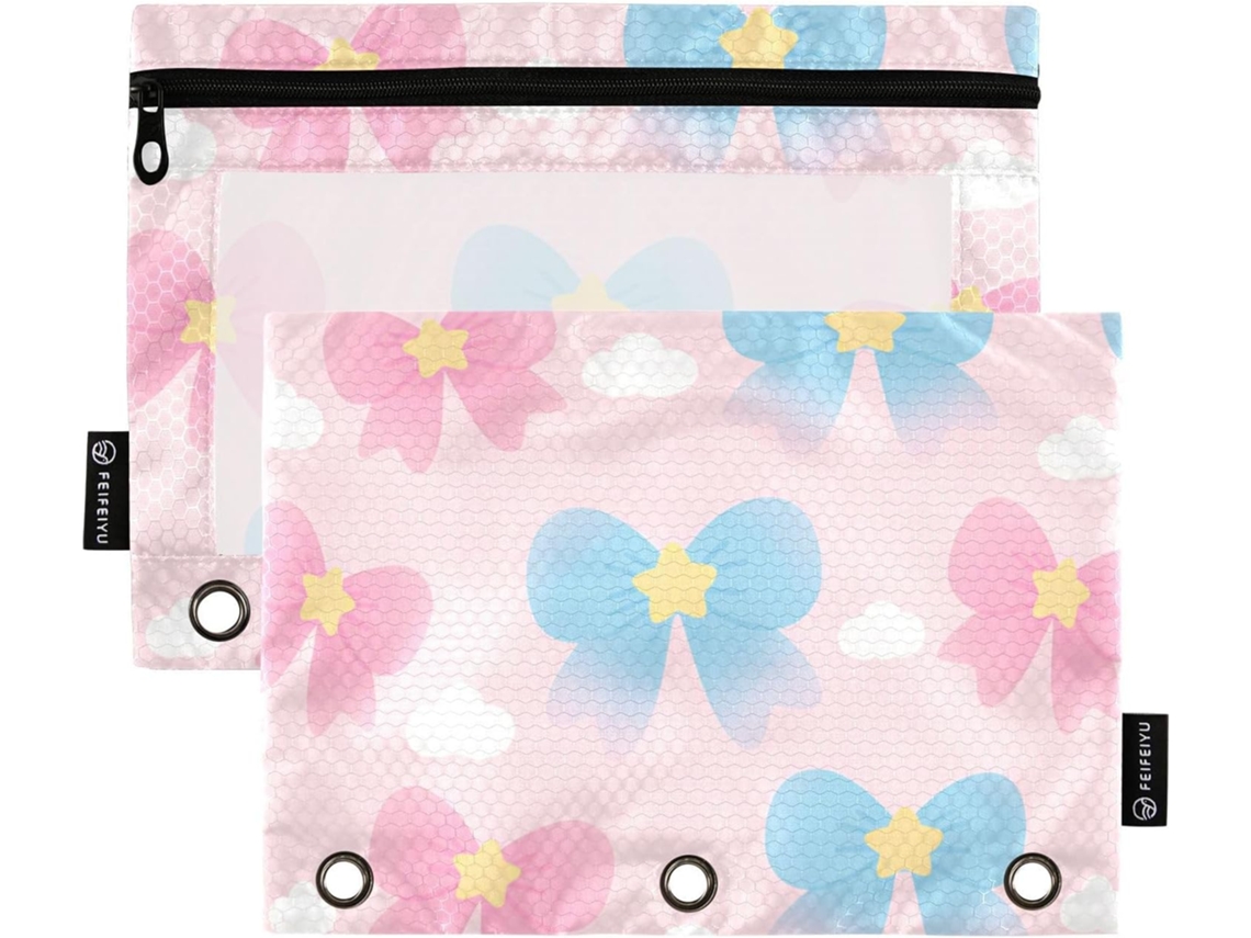 Caderno De Desenho Animado Com Fita Rosa E Azul, Janela Grande, Capa Transparente Resistente, 3 Argolas Guardar