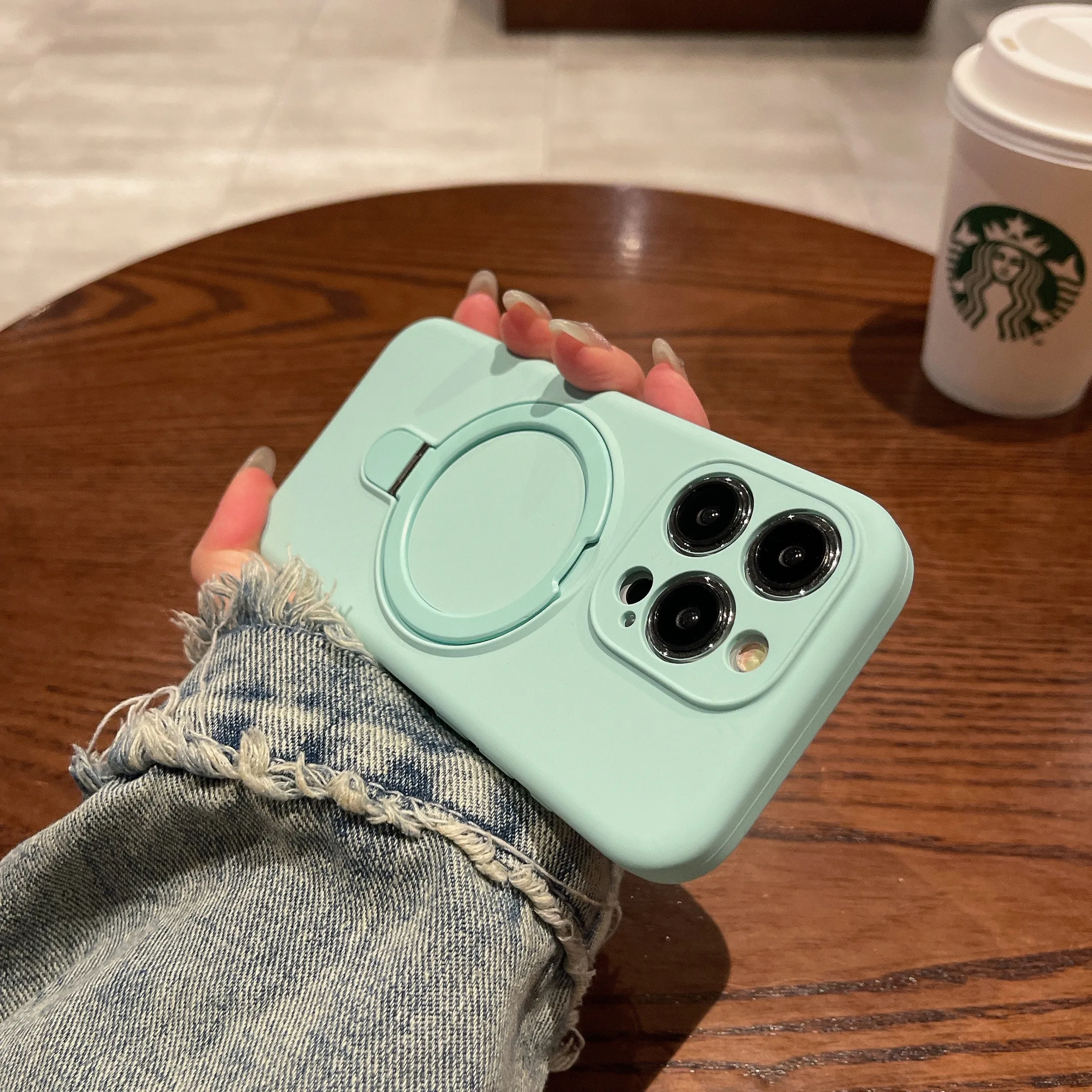 Capa De Celular Com Suporte Magnético Em Silicone Líquido (ciano) Para Iphone 14 Pro Max