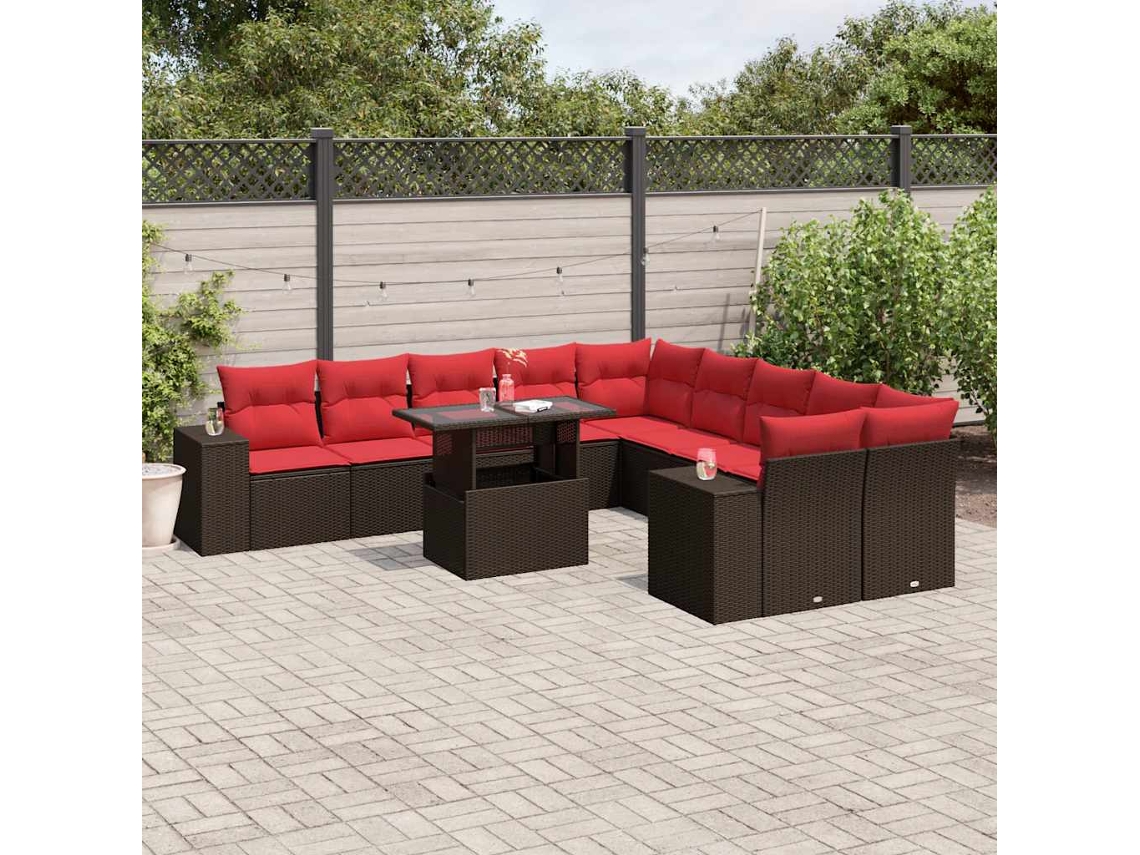 Vidaxl Conjunto De Sofá De Jardim Com 11 Peças E Almofadas Em Rattan Sintético Marrom