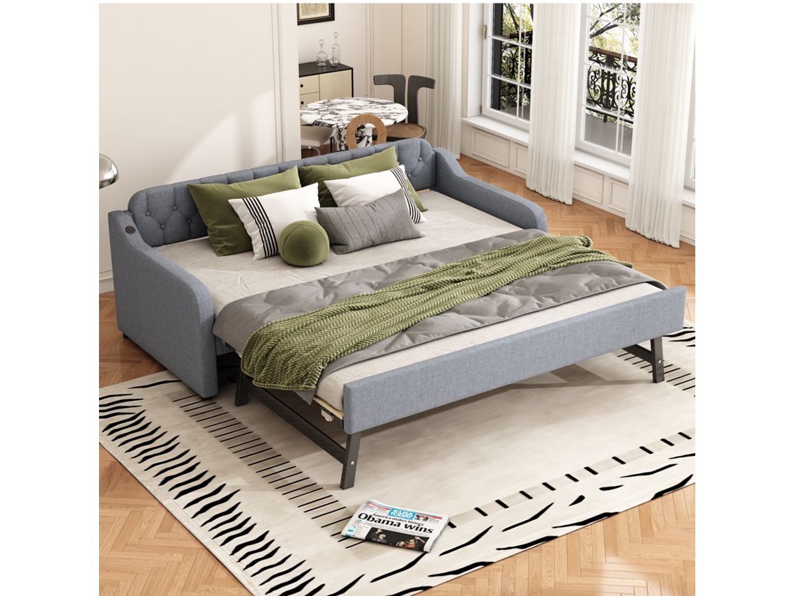 Sofá cama Extensível 90x200 Cm com Cama Embutida, Usb, Madeira, Cinza VSOGA