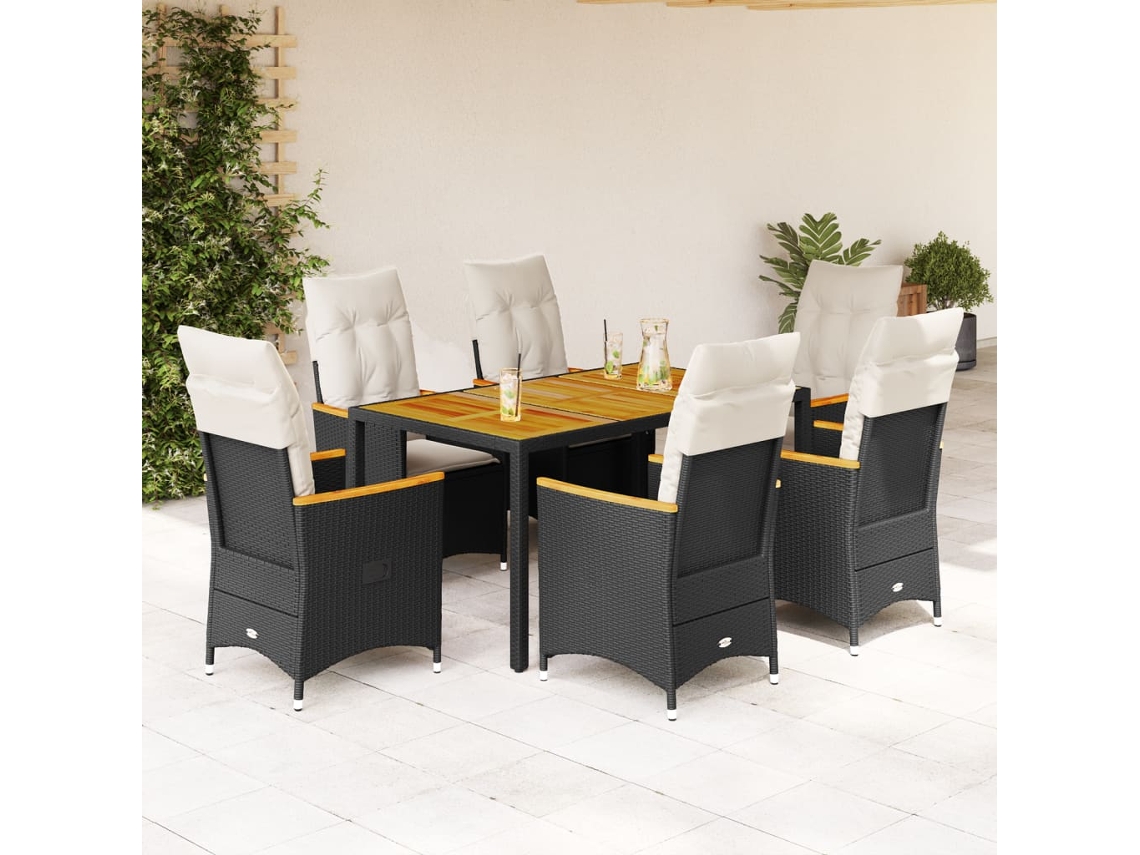 Vidaxl 7 Pcs Conjunto De Jantar P/ Jardim C/ Almofadões Vime Pe Preto