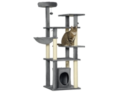 Torre Grande para Gatos de 144 Cm com Arranhadores, Cama, Toca, Plataformas e Bolas Penduradas, 49 X 49 X 144 Cm, Cinza. ESSÊNCIACASA