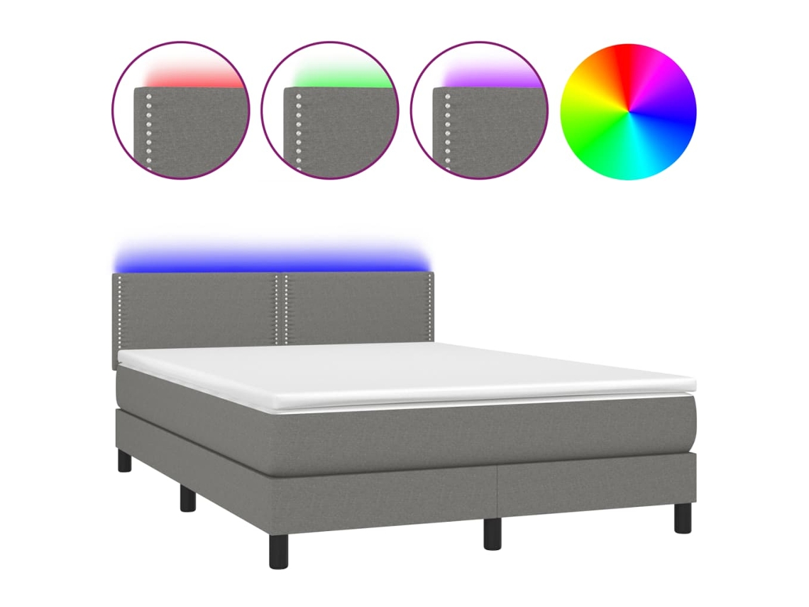 Cama Box Spring com Colchão e Led Tecido Cinza Escuro MAISON EXCLUSIVE (140x200 cm)