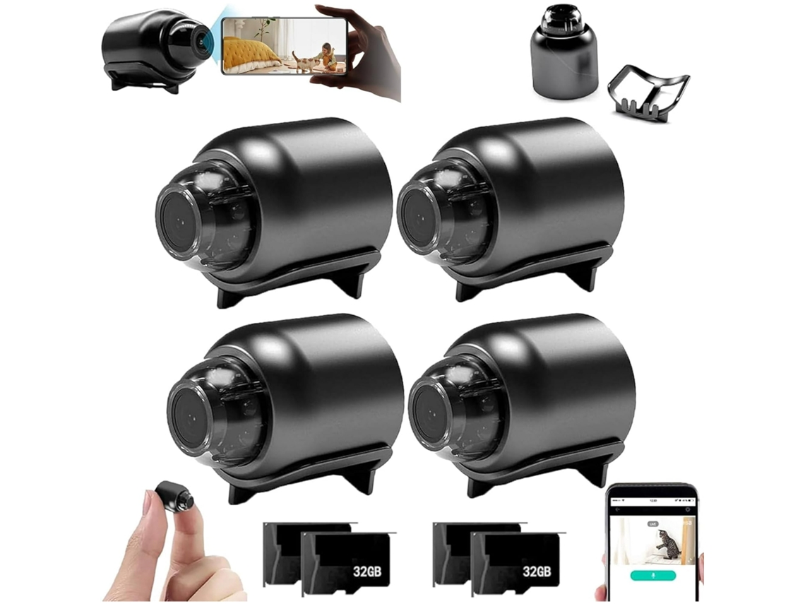 Câmera de segurança Czhhmart Mini X5 (1080p, Wi-Fi 2.4G), Tipo C, pacote com 4 unidades + 4 cartões de memória de 32 GB