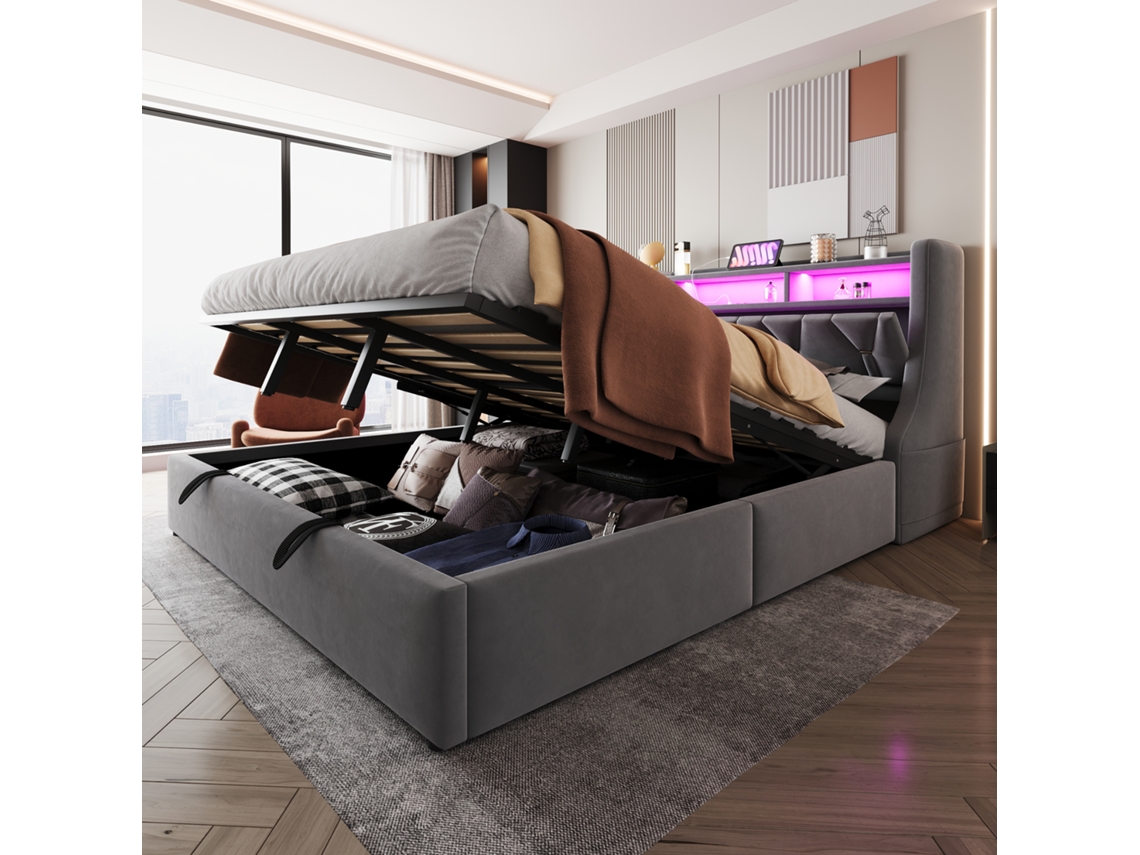 Cama Box 180x200 Cm Com Armazenamento Cabecote Reclinável Led Cinza Seda