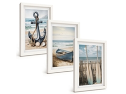 Pinturas Murais Modernas Âncora, Barco, Remos, Praia Moldura Branca Fotos Para O Escritório Espelharte (3 Peças 20x30 Cm)