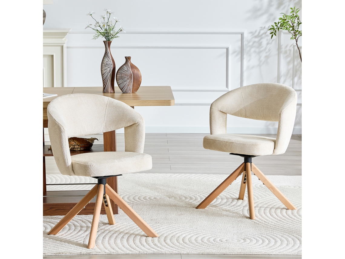 Conjunto de Cadeiras NOVELA giratórias retro, tecido creme, pés de madeira, encosto curvo, rotação 360°, branco