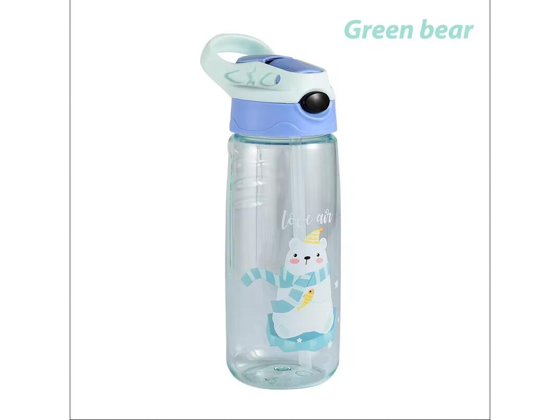 Garrafa de Água Infantil de 500ml com Tampa e Canudo, Livre de Bpa. MDUG (urso Verde)