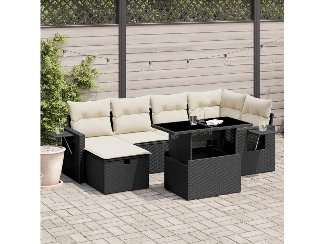 Vidaxl 7 Pcs Conjunto De Sofás P/ Jardim C/ Almofadões Vime Pe Preto