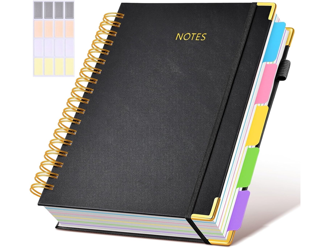 Caderno/ Diário Espiral, Capa de Couro, 5 Matérias, Pautado, Ideal para Trabalho, Escola e como Diário Feminino, na Cor Preta BRILVIBERA