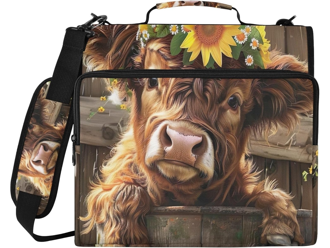 Organizador de massas com estampa delicada de vaca e flores, porta-arquivos com 3 argolas, zíper e compartimento.