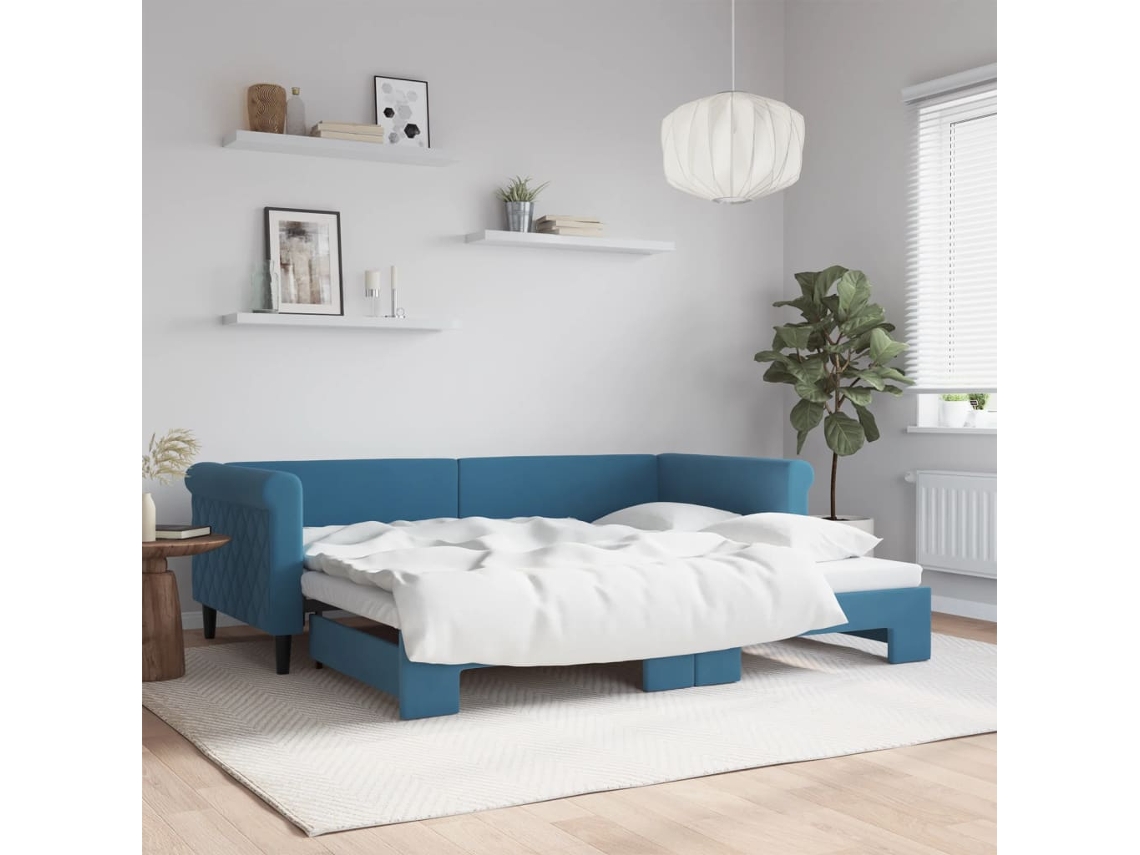 Sofá Cama Com Gavetão 90x200 Cm Veludo Azul Lovely Home