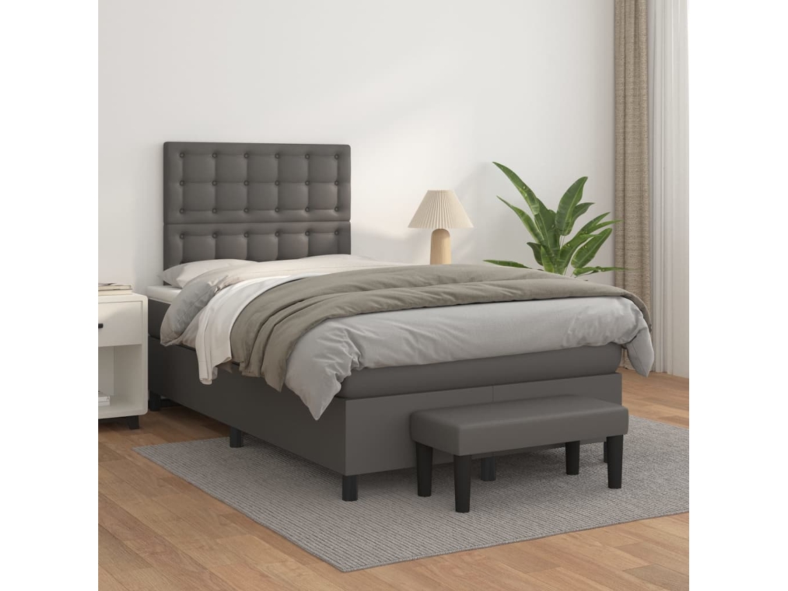 Vidaxl Cama Com Molas/colchão 120x200 Cm Couro Artificial Cinzento