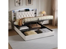 Cama De Casal 140x190 Cm Bege Veludo Com Arrumação Baú, Led Rgb E Cabeceira Com Carregamento Wireless E Usb, Design Moderno Estofado Compacto