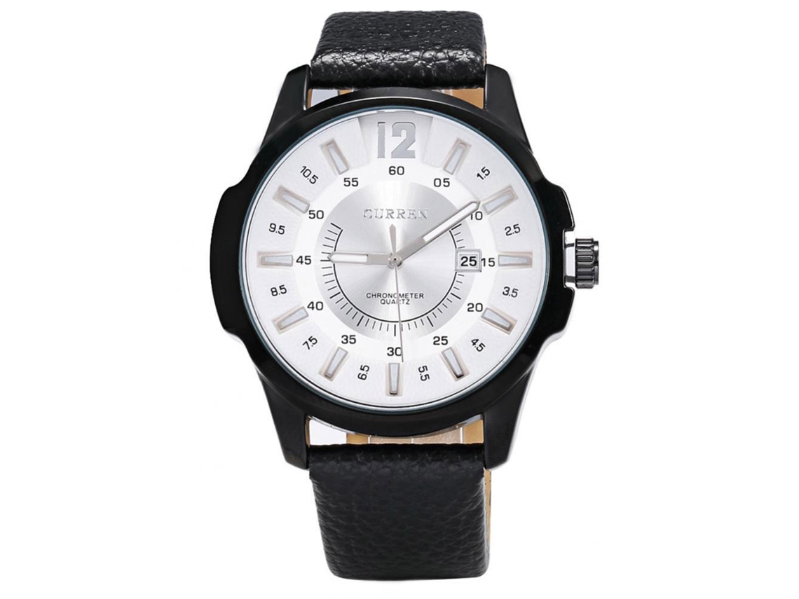 Relógio masculino elegante com movimento de quartzo, caixa preta e mostrador branco.