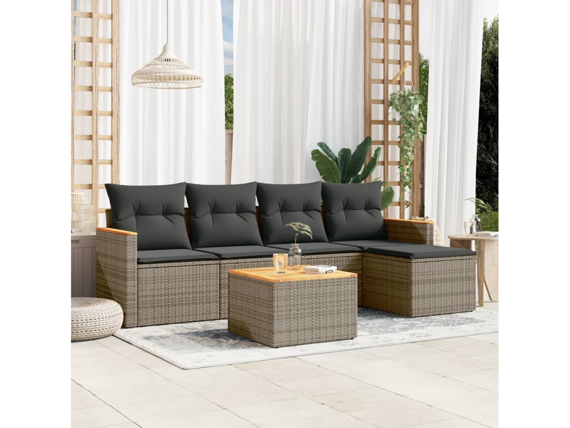 Vidaxl 6 Pcs Conjunto Sofás De Jardim Com Almofadões Vime Cinzento