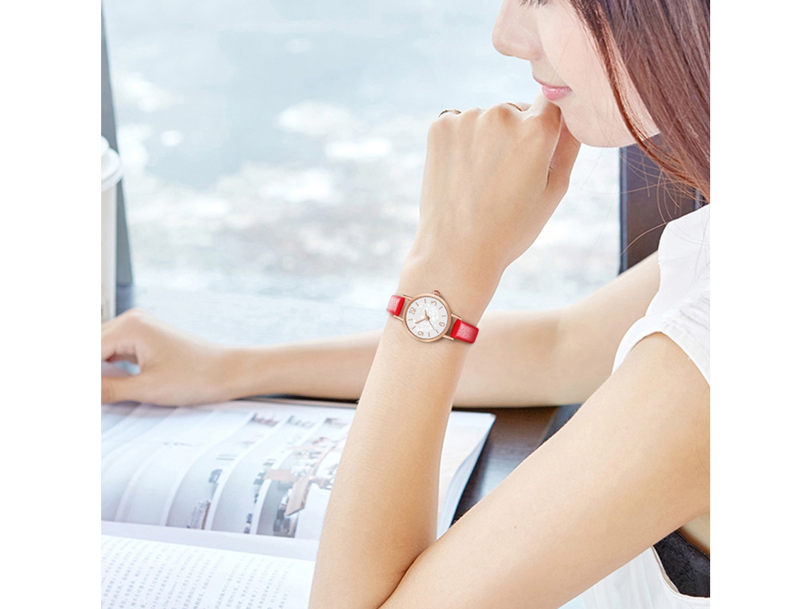 Reloj Unisex De Pulsera Analógico De Cuarzo Con Dial Redondo (espejo Blanco Correa Roja)