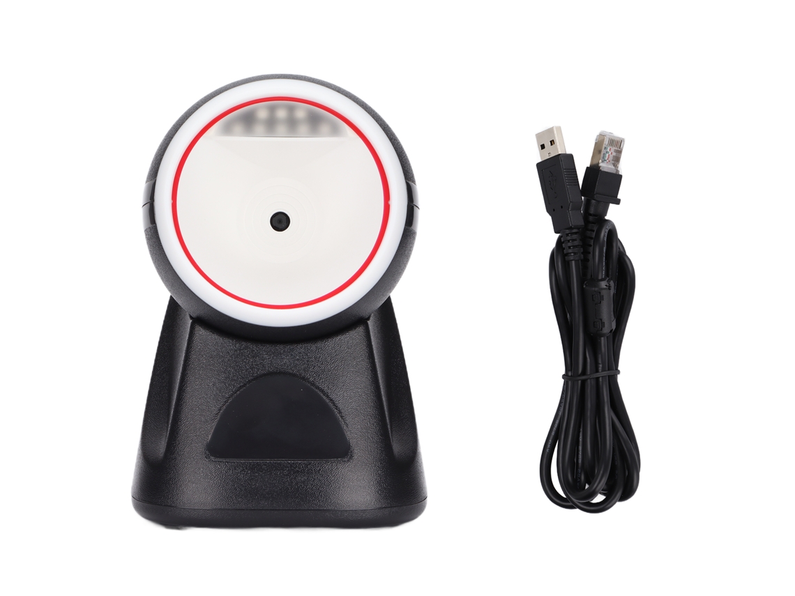 Leitor de código de barras de mesa plug-and-play, prático, estável e eficiente. Luz dourada.