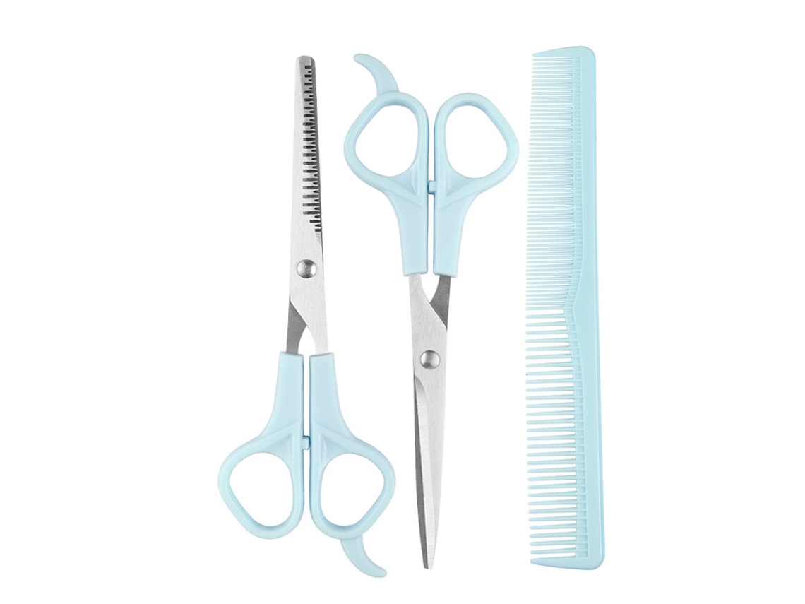 Novo Kit de Estilo Tesoura de Corte de Cabelo Tesoura de Desbaste e Pente 3 Peças Azul