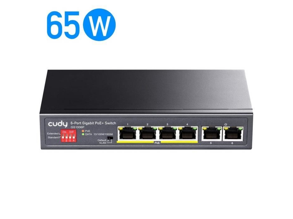 Switch Cudy Gs1006p Poe 6 Portas Gigabit, 65 W, 4 10 100 1000mbps Portas Poe, Modo Cctv Vlan, 802.3af 802.3at Aucune
