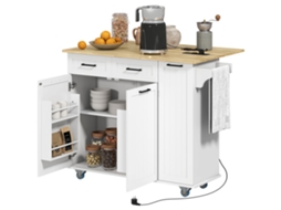 Ilha de Cozinha com Rodas USB branco placa dobrável 2 gavetas suporte para temperos e toalhas 119,5x74x94,5 Cm | S/MARCA