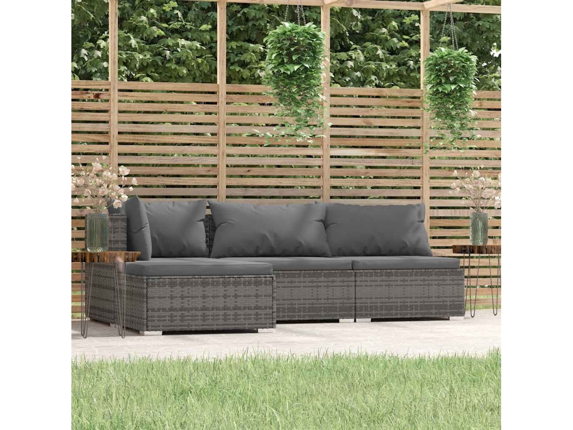 Vidaxl 4 Pcs Conjunto Lounge De Jardim C/ Almofadões Vime Pe Cinzento
