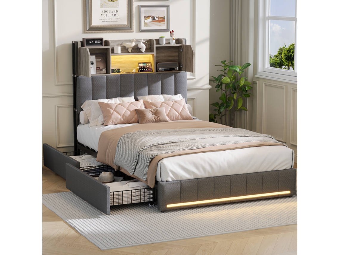Cama Estofada 90x200 Cm, Cama De Solteiro, Usb Tipo C, 2 Gavetas, App Control Led, Cabeceira Com Espaço De Arrumação, Tecido De Linho Cinzento