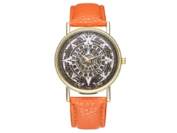 Relógio de Pulso Analógico de Quartzo com Pulseira de Pu Moda Display Redondo Laranja