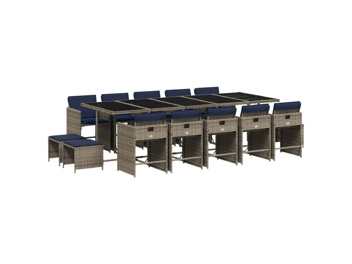 Conjunto de Jantar 15 Peças com Almofadas em Rattan Sintético Cinza MAISON EXCLUSIVE