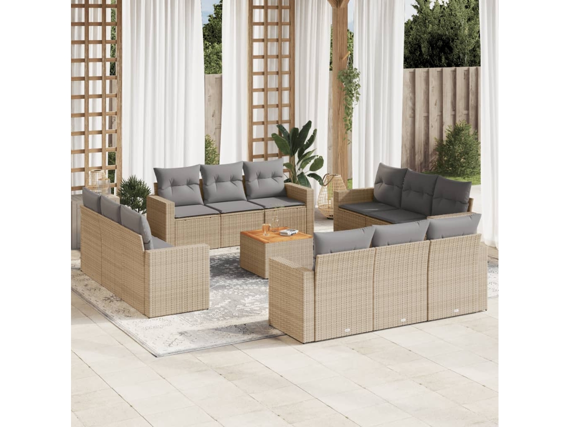 Vidaxl 13 Pcs Conj. Sofás Jardim C/ Almofadões Vime Pe Bege Misturado