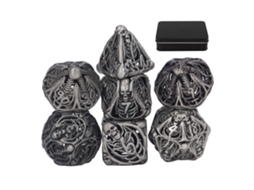 Mali 7pcs Dados Poliédricos de Metal Padrão Oco de Crânio para Jogos de Tabuleiro Rpg Antigo Prata