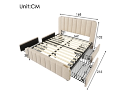Cama Doble Tapizada De 160x200 Cm Con Cabecero Acolchado, Ribete Dorado, Puerto Usb-c, 4 Cajones, Ropa De Cama Beige, Con Colchón.