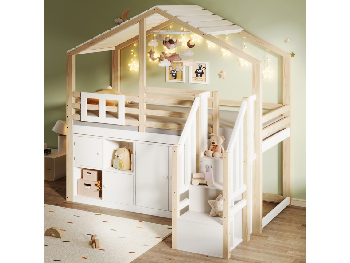 Cama Alta Infantil 90x200 Cm Madeira Branca/natural Com Grades, Janelas, Escada Com Arrumação E Compartimentos